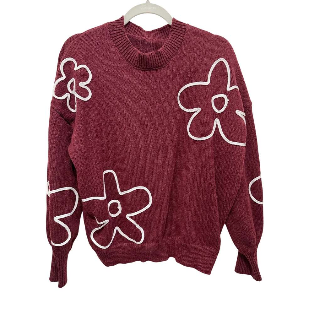 Women’s XL Burgundy Sweater White Floral Outline Flowers Cozy Knit Pullover